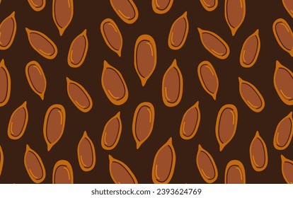 Flax seeds or linseed seamless pattern. Vegan protein food wallpaper. Edible seeds on brown backdrop.