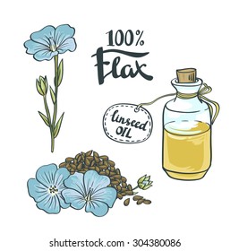 Flax Seeds Oil in a Glass Bottle with flowers. Vector Illustration