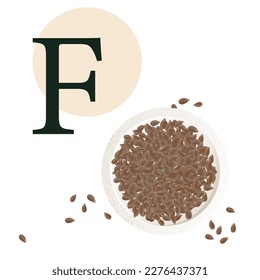 Flax seeds as a symbol of letter F in a healthy alphabet. Vector colourful illustration isolated on white background.