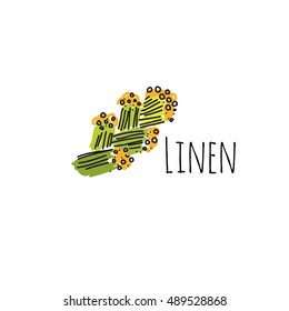 Flax.Logotype template.Flower and flax seeds. Linear image in Doodle style. Illustration of agriculture.Image Doodle style