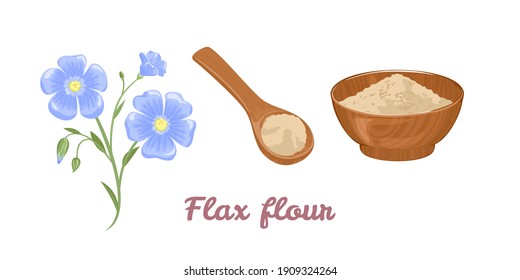 Conjunto de harina de afeitar. Flor azul, harina en cuchara de madera y tazón aislados en un fondo blanco. Ilustración vectorial de la comida sana en caricatura de estilo plano.