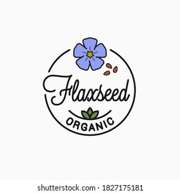 Flaxseed logo. Round linear logo of flaxseed flower superfood on white background