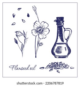 Flaxseed oil. Hand-drawn illustration of a jar with flaxseed oil, flax flower and flax seeds. Suitable for tags, labels, illustration for articles, food books.