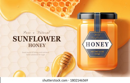 Слоеная банка с медом поверх жидкости с медовым ковшом на 3d иллюстрации на сотовом гравированном фоне