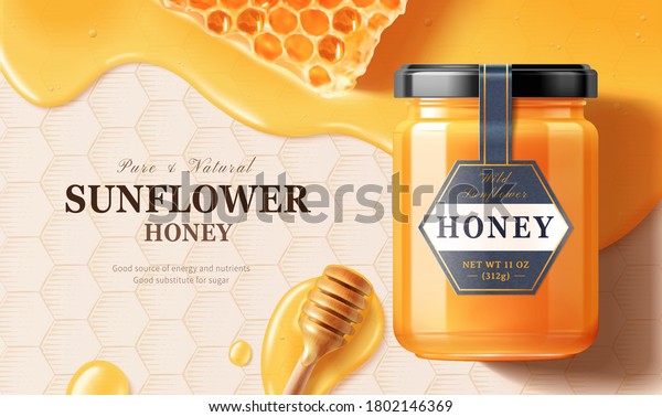 Flay lay of honey jar\
over liquid with honey dipper in 3d illustration on honeycomb\
engraved background