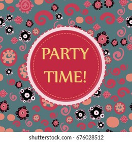 Flayer cover with round frame and seamless pattern on background of stylized flowers in childish style