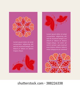 Flayer layout with round ornament at pink and red watercolor backdrop. Design concept for yoga, beauty and spa salons. Ethnic motif.