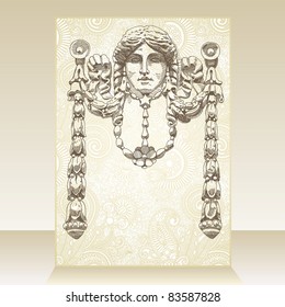 Flayer ornate  design with reliefs of the 19th century Kiev buildings (Ukraine) drawn by me (ink, stylus)