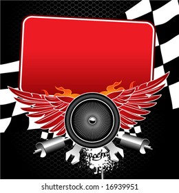 Flayer for racing competitions. There are wheel with wings, flags, mufflers, wrenches and another racing attributes with place for your text.