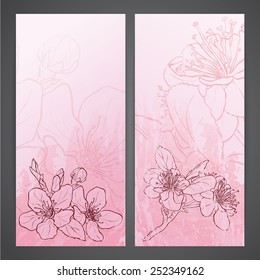 Flayers with flowers - apple blossoms drawing. Ink style vector