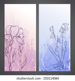 Flayers with flowers - scilla and iris. ink style drawing