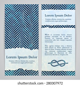 Flayers with retro patterns - blue nautical flamestich with torn paper. Textured grunge vector patterns for vintage and hipster invitation or banner.