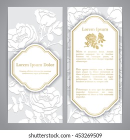 Flayers with rose graphic flowers. Embossed paper imitation