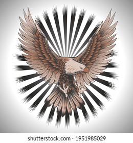 Flaying American Bald eagle isolated on white and ultimate gray gradient background vector illustration.
