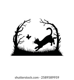 Flaying Cat silhouette with white background