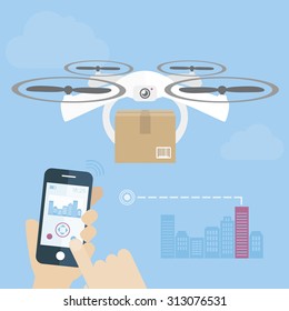 Flaying a drone. Send a package concept