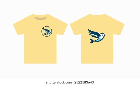  Flaying Fish logo yellow colour  t-shirt design template. Vector illustration with Flying Fish, Hook silhouette. Perfect design for print on the t-shirt.