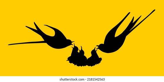 Flaying swallows family couple feed young birds in nest vector silhouette illustration isolated on background. Migratory bird, symbol of spring. Parents feeding cubs.