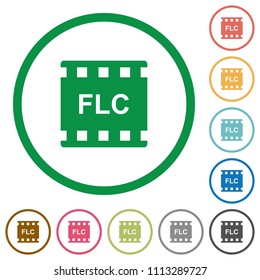 FLC movie format flat color icons in round outlines on white background