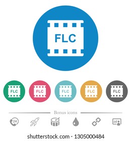 FLC movie format flat white icons on round color backgrounds. 6 bonus icons included.