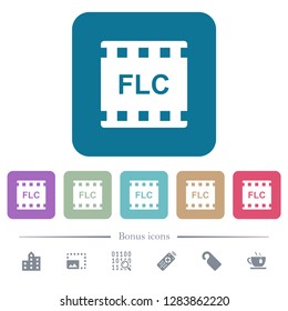 FLC movie format white flat icons on color rounded square backgrounds. 6 bonus icons included