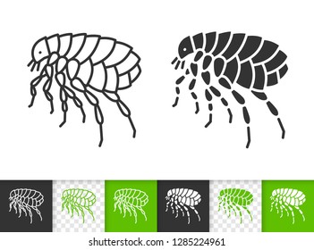 Flea black linear and silhouette icons. Thin line sign of insect. Parasite outline pictogram isolated on white, color, transparent background. Bug vector Icon shape. Entomology simple symbol closeup