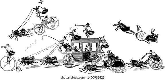 Flea Circus this scene shows group of fleas doing various activities in circus Some fleas are pulling a carriage with fleas inside some are riding bicycles some look like they are racing each other