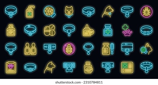 Los iconos de collar de pulgas establecen el vector de contorno. Viajes de gatos. Color del neón animal doméstico en negro