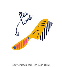 Pegatina aislada del vector del peine de pulgas. Herramienta para veterinarios y mascotas de diseño plano. Pet eye comb clipart con tipografía manuscrita