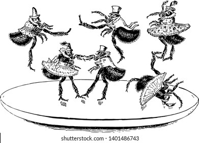 Flea Dance this scene shows six fleas dancing on a platform two fleas are dancing together as a pair and other three fleas are flying off of the platform and one fallen down vintage line drawing