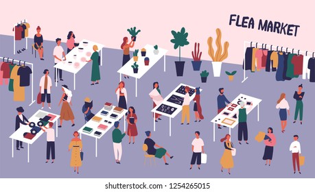 Flea or fashion market, rag fair with people walking among counters and buying vinyl records, old books, vintage clothes, jewelry, ceramics. Colorful vector illustration in flat cartoon style.