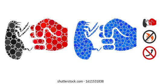 Flea fist strike composition of round dots in variable sizes and shades, based on flea fist strike icon. Vector round dots are combined into blue collage.