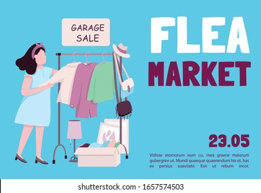 Flea market banner flat vector template. Brochure, poster concept design with cartoon characters. Buying second hand clothes and retro things. Garage sale horizontal flyer, leaflet with place for text