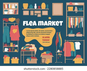 Flea market banner or poster design with cartoon used things symbols, flat vector illustration. Sale and resale of second hand clothing and interior decor.