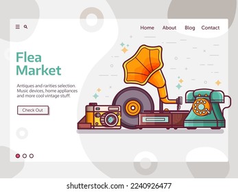 Flea market banner with vintage things and objects. Antiques and rarities store landing page template with lens camera, gramophone, typewriter and telephone in line art.