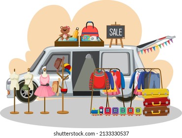 Flea market concept with a car boot sale illustration