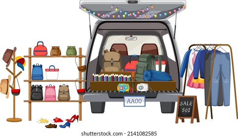 Flea market concept with a car boot sale illustration