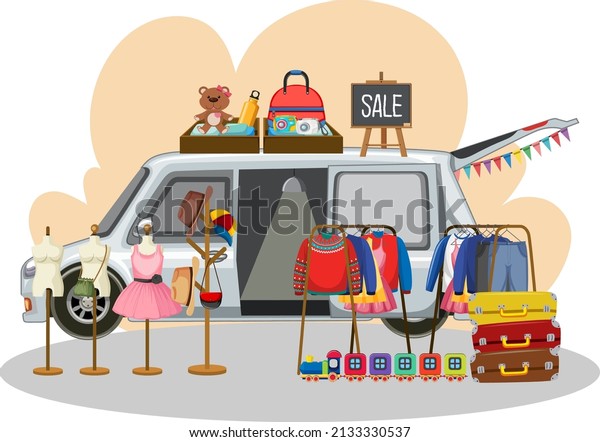 Flea\
market concept with a car boot sale\
illustration