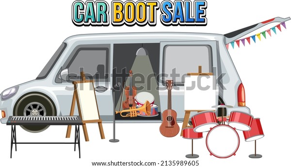 Flea\
market concept with a car boot sale\
illustration