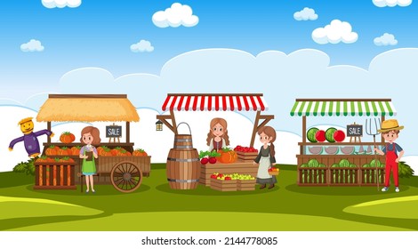 Concepto de mercado de pulgas con ilustración de almacén de frutas