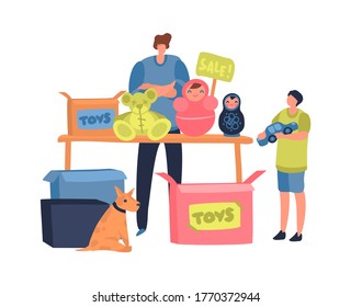 Flea market concept. Man and child sell or swap clothing, toys and vintage goods. Cheap garage sale, second hand shop, retail business outdoors. Flat cartoon isolated concept