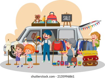 Flea market concept with second hand clothes illustration