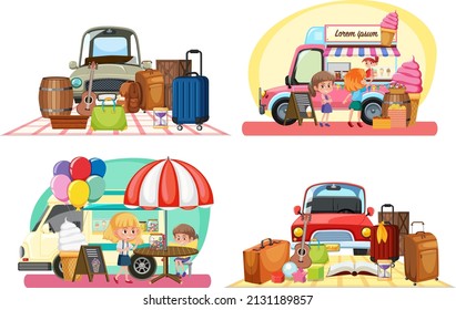 Flea market concept with set of different car boot sales illustration