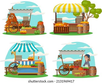 Concepto de mercado de pulgas con un conjunto de diferentes ilustraciones de tiendas
