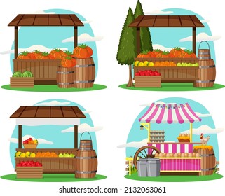 Concepto de mercado de pulgas con un conjunto de diferentes ilustraciones de tiendas