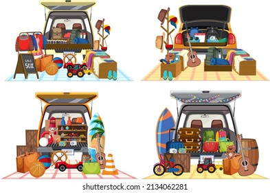 Flea market concept with set of different car boot sales illustration