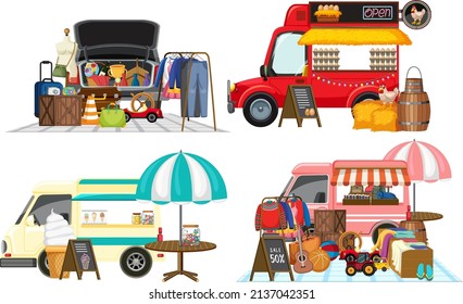 Flea market concept with set of different car boot sales illustration