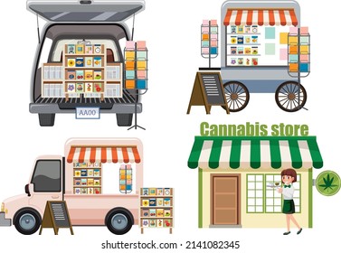 Flea market concept with set of different stores illustration