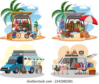 Flea market concept with set of different car boot sales illustration