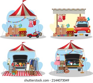 Flea market concept with set of different stores illustration